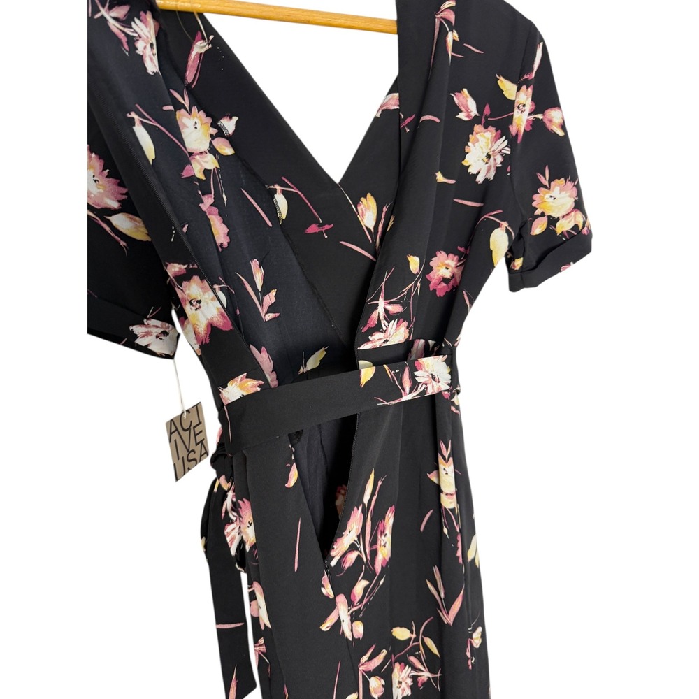 Active USA Floral Print Jumpsuit Wide Leg V Neck Black Casual Medium/Large NWT - Picture 9 of 15